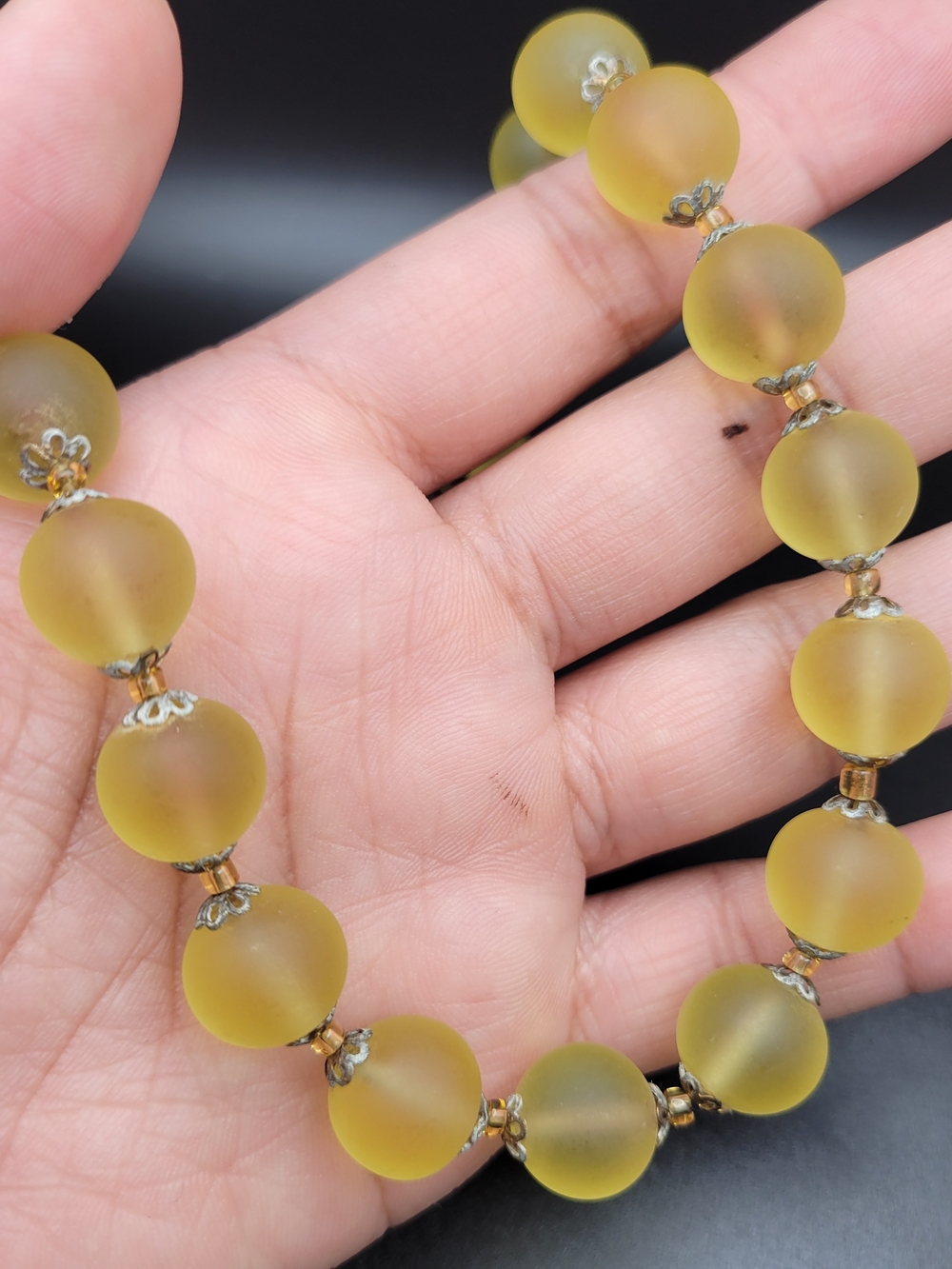 Vintage Frosted Yellow Glass Bead Necklace Large Filigree Caps Statement c1930s